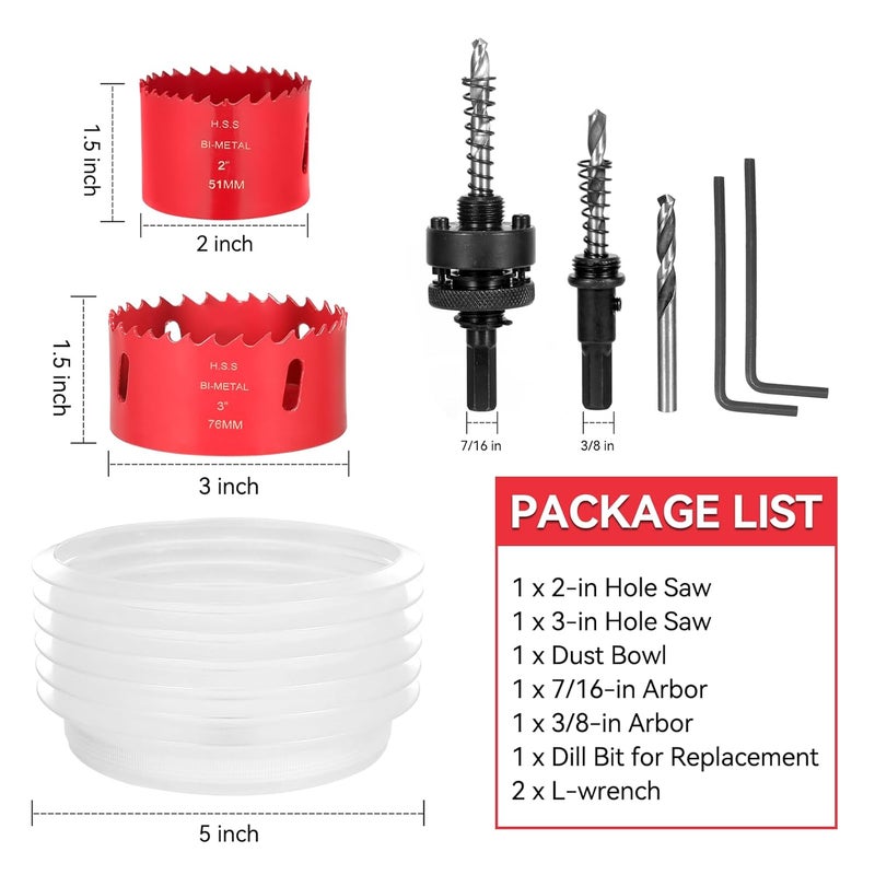 Nexigins 3-Inch & 2-Inch Hole Saw for Recessed Lights and Can Lights - Bi-Metal 3 & 2 Hole Saw with Dust Bowl for 95% Dust Colletcion - Drill Hole Cutter Kit for Wood, Ceiling, Plastic and Metal - Image 3